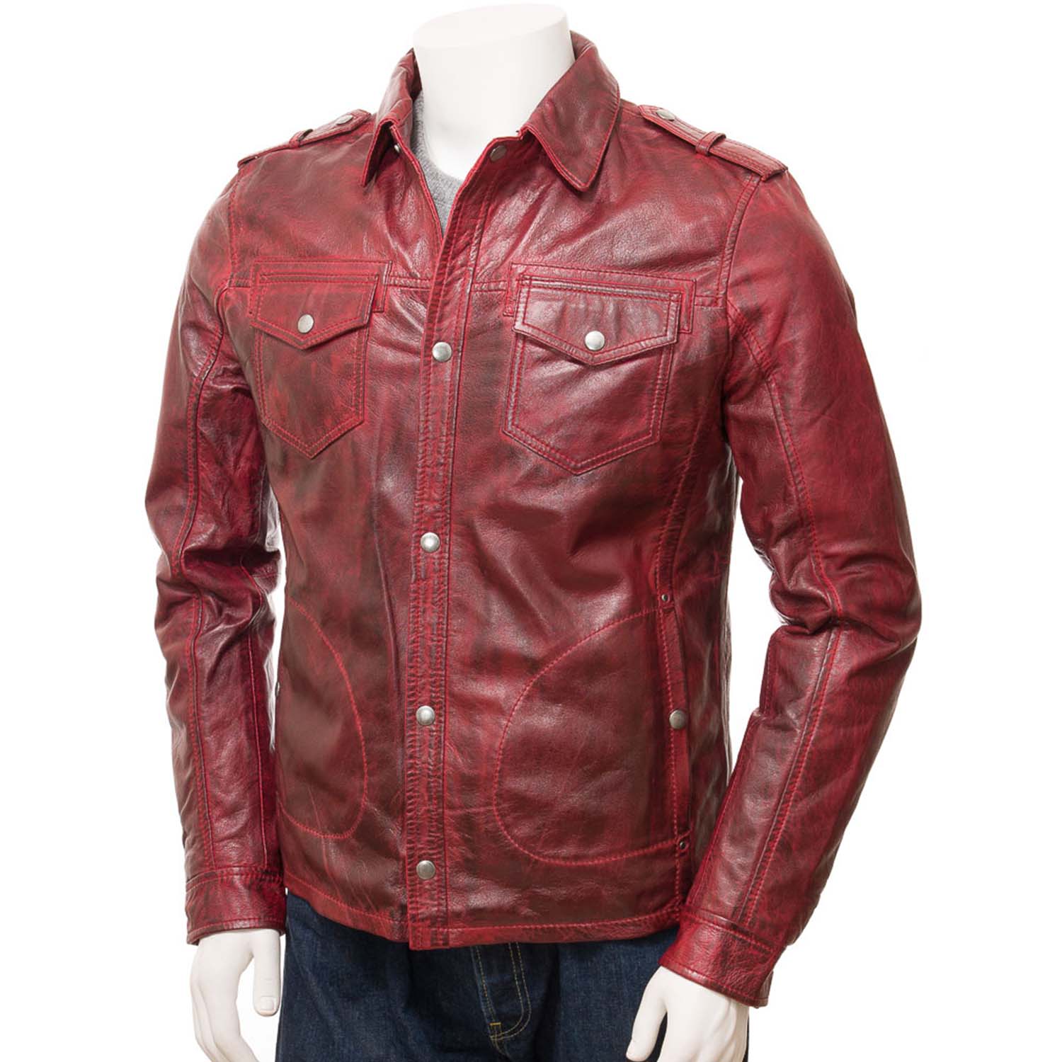 Men's Red Leather Shirt Jacket - Blazon Leather