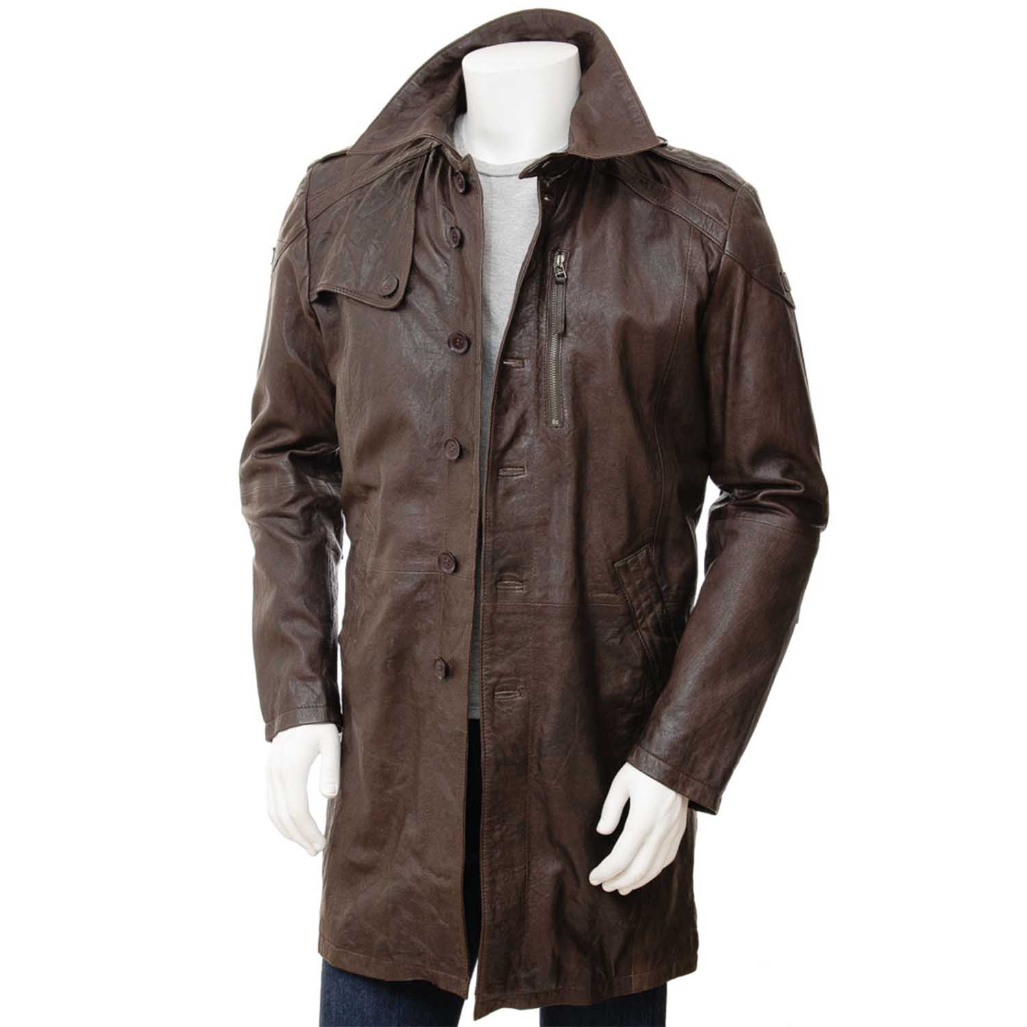 Men's Brown Leather Trench Coat - Blazon Leather