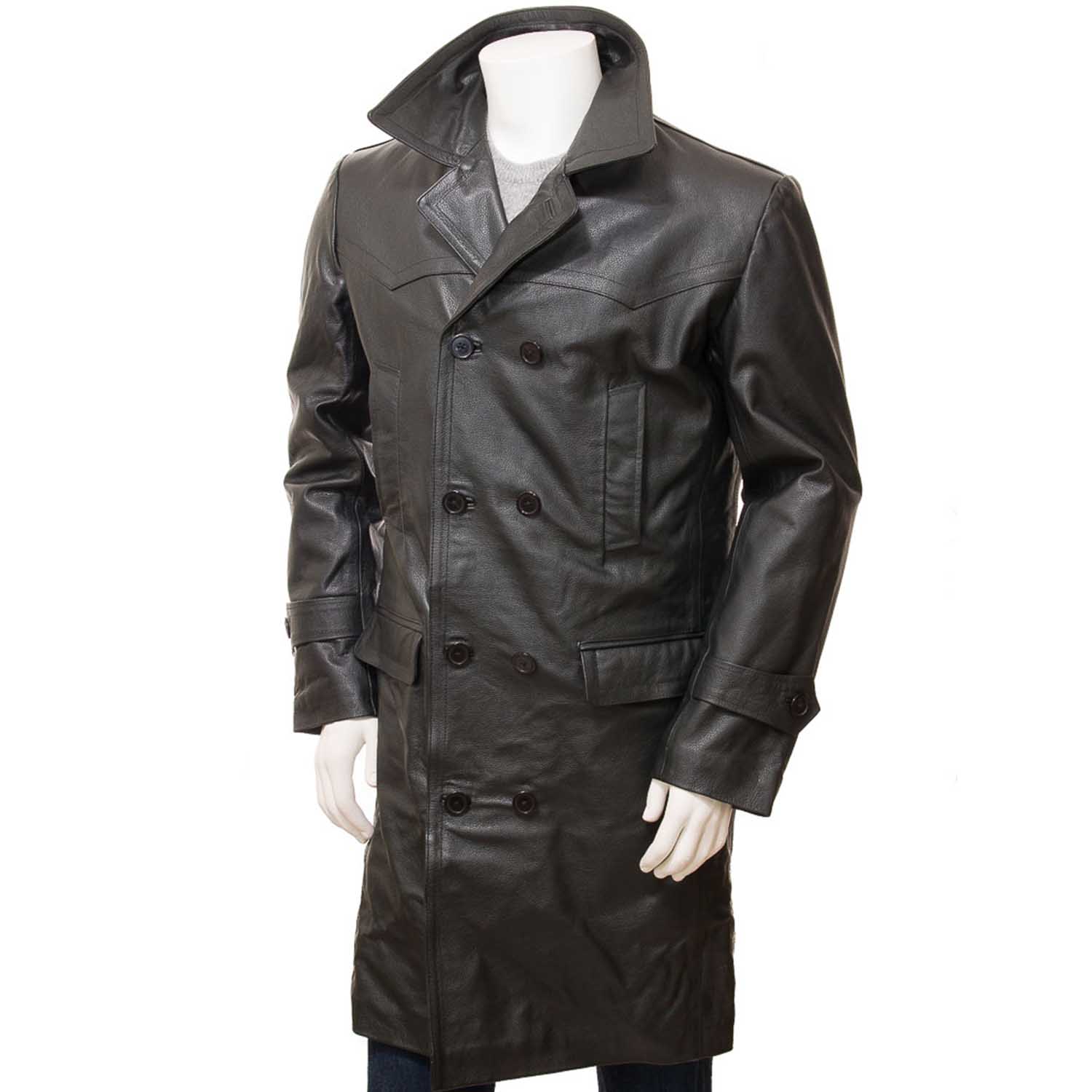 Men's Black Leather Trench Coat - Blazon Leather