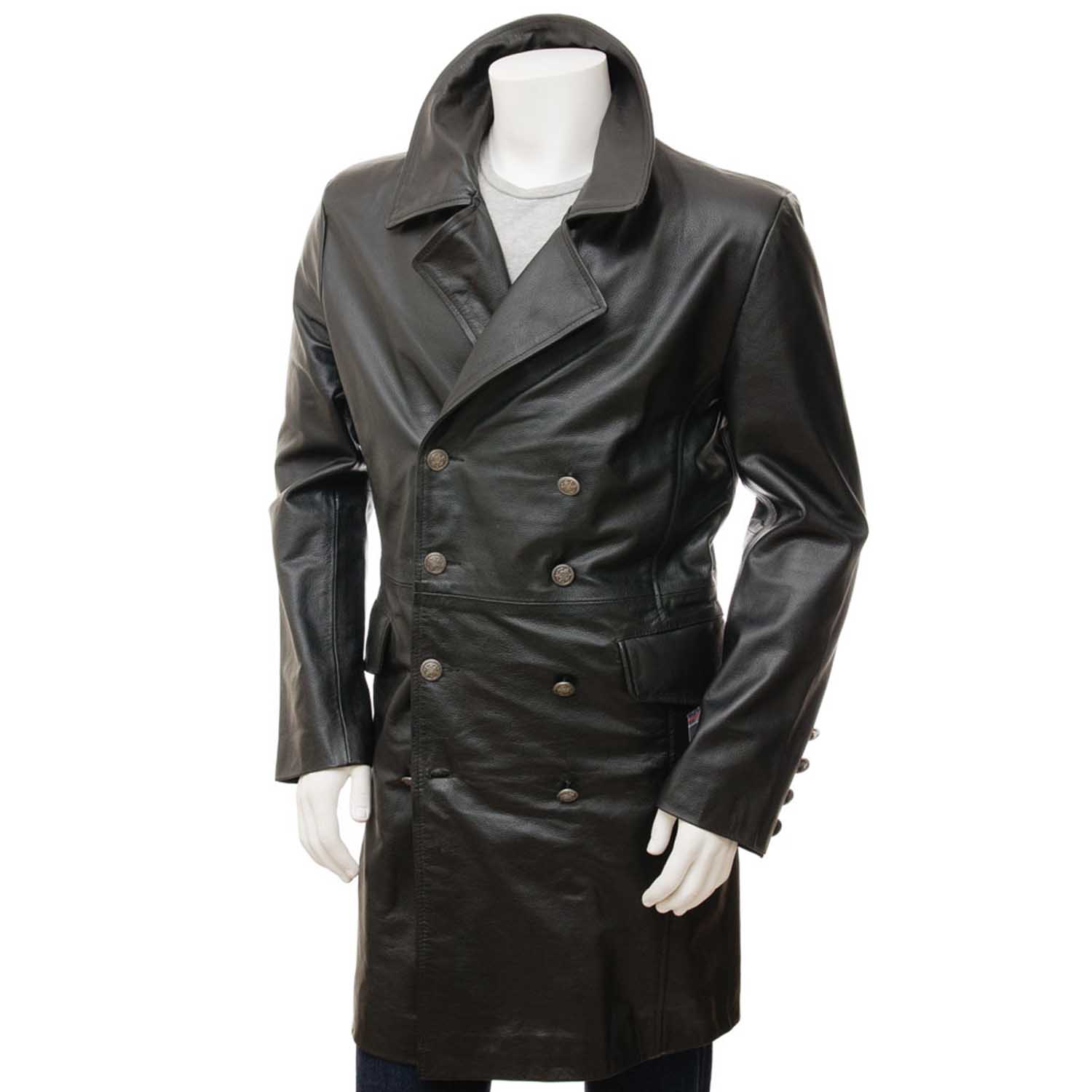 Men's Black Leather Greatcoat - Blazon Leather