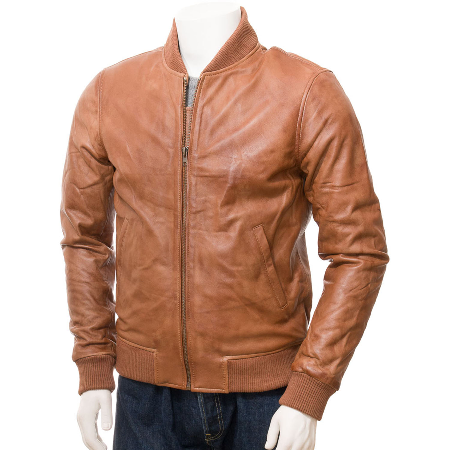 Men's Tan Leather Bomber Jacket - Blazon Leather