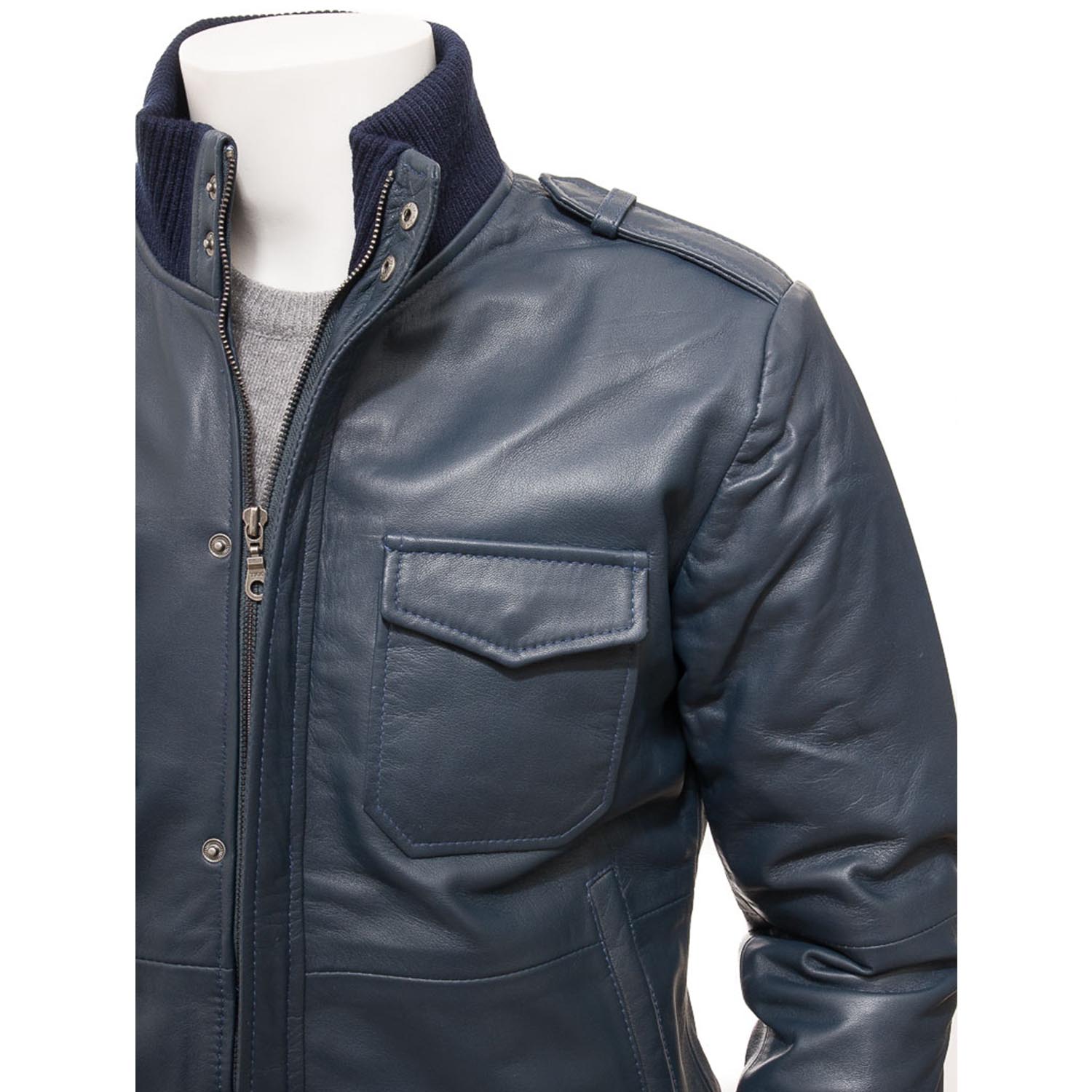 Men's Blue Leather Bomber Jacket - Blazon Leather