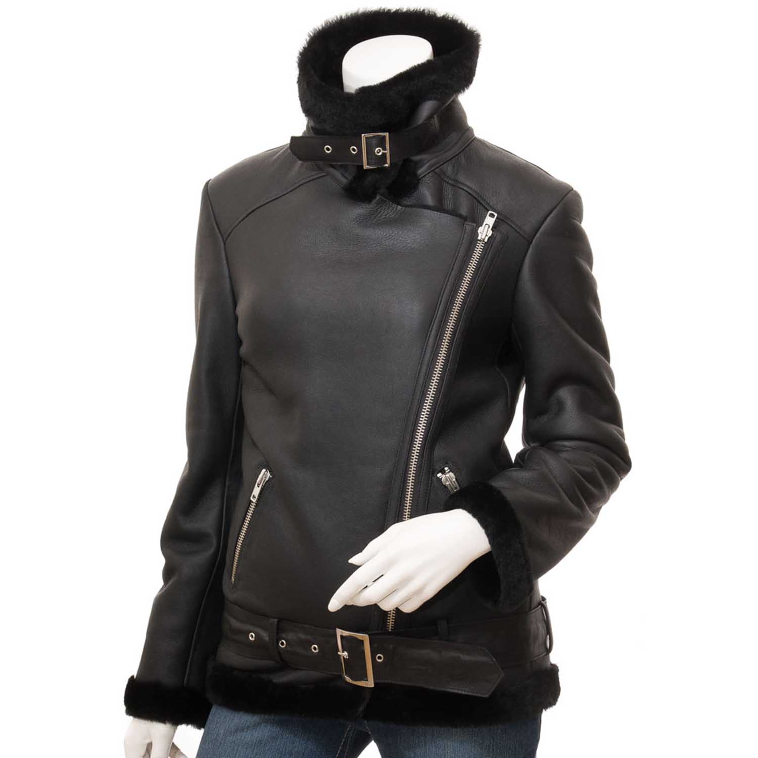 Women's Black Shearling Biker Jacket - Blazon Leather