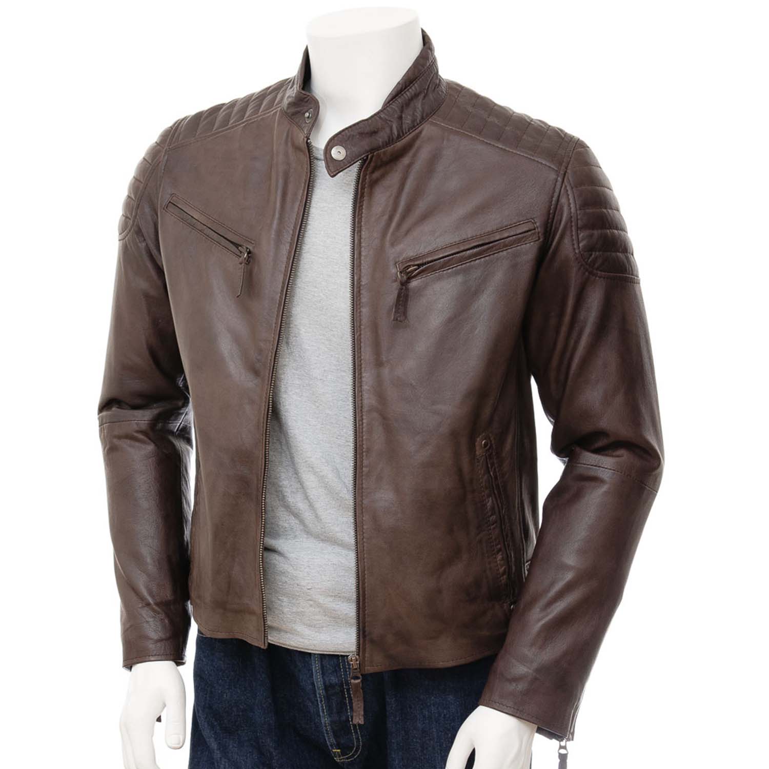 Men's Brown Leather Biker Jacket - Blazon Leather