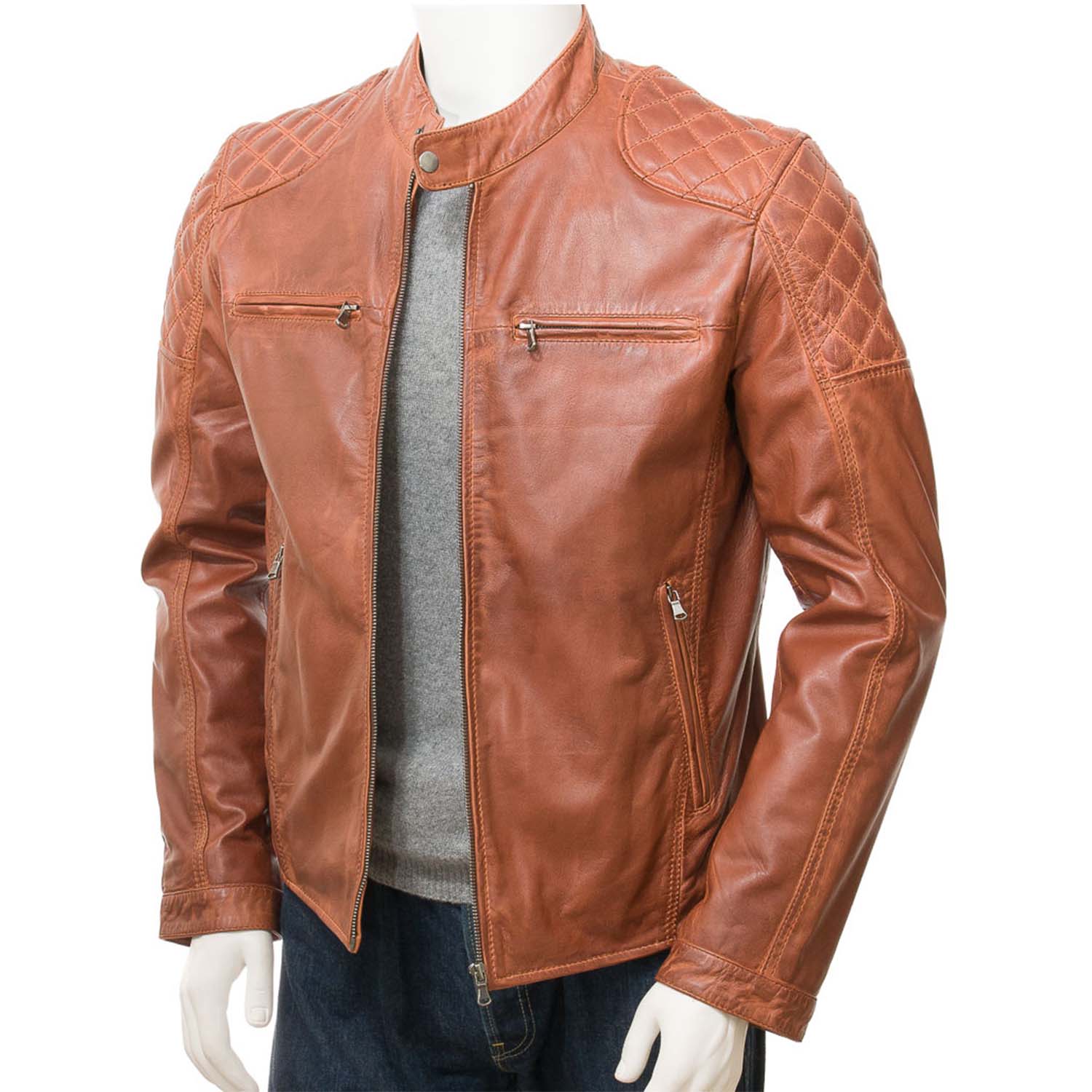 Men's Tan Leather Biker Jacket - Blazon Leather