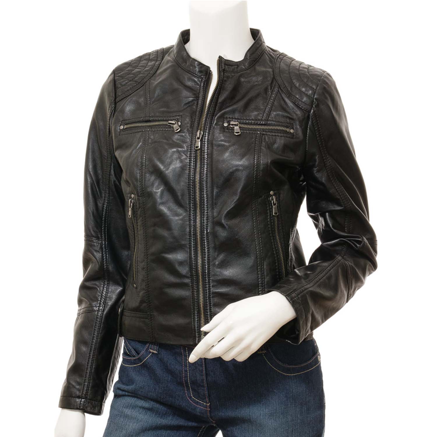 Women's Black Leather Biker Jacket - Blazon Leather