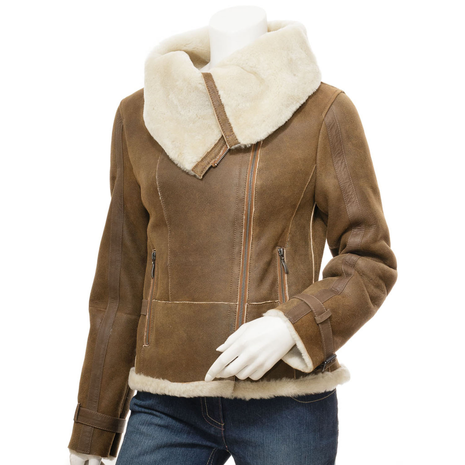 Women's Tan Bomber Sheepskin Leather Jacket - Blazon Leather