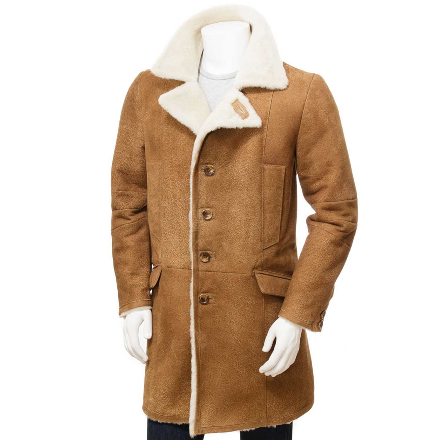 Men's Tan Sheepskin Trench Coat - Blazon Leather