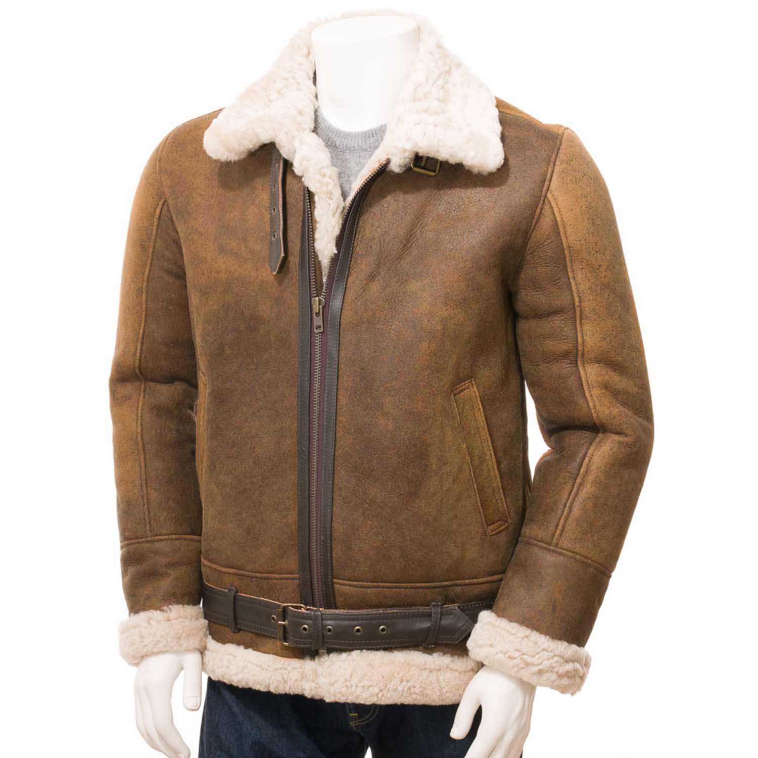 Men's Tan Sheepskin Aviator Jacket - Blazon Leather