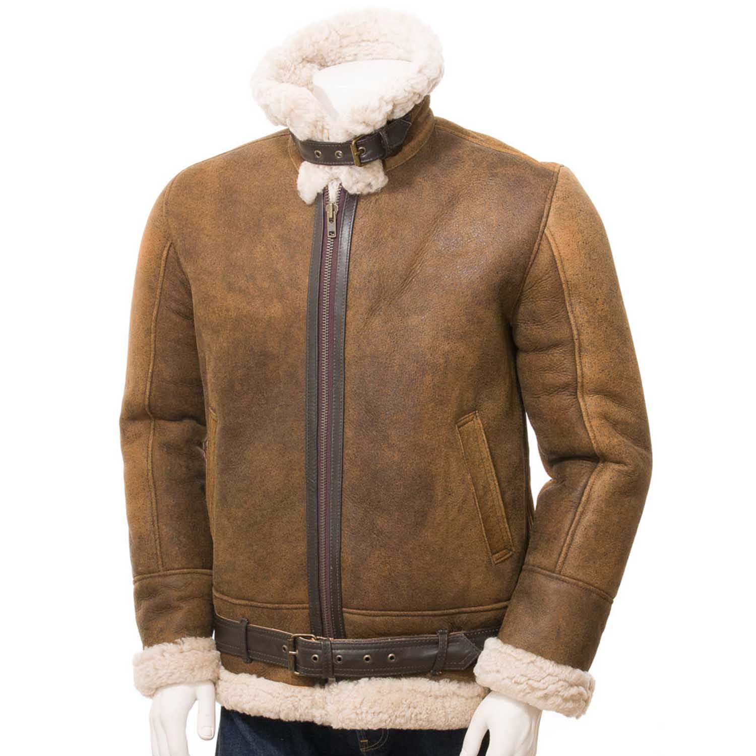 Men's Tan Sheepskin Aviator Jacket - Blazon Leather