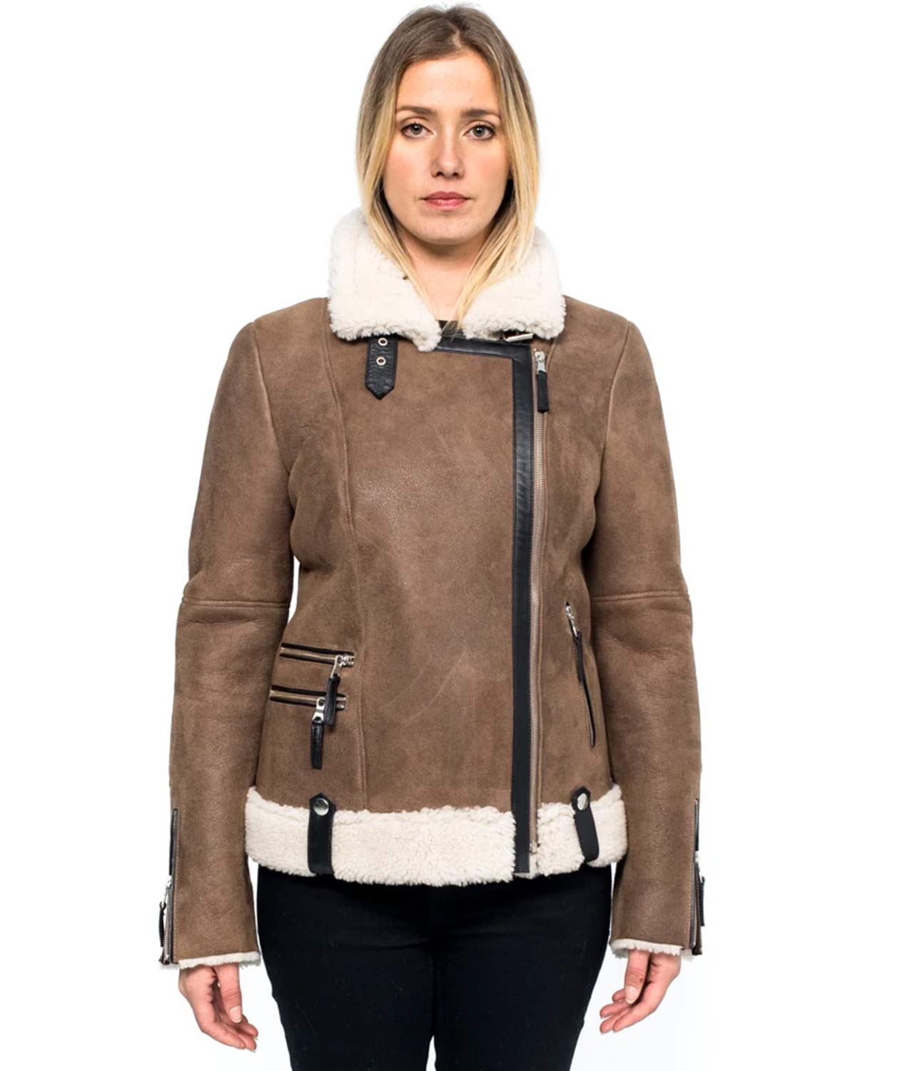 Sherry Womens Aviator Style Brown Shearling Jacket - Blazon Leather
